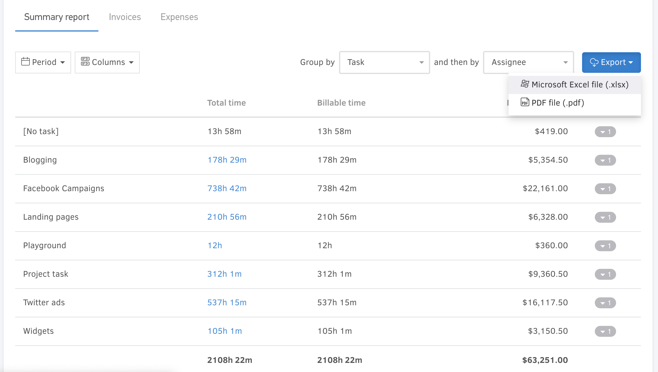 Export the project summary report in Excel or PDF 