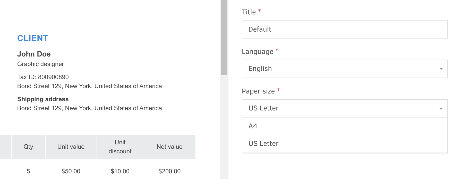 Choose between US letter & A4 invoice paper sizes