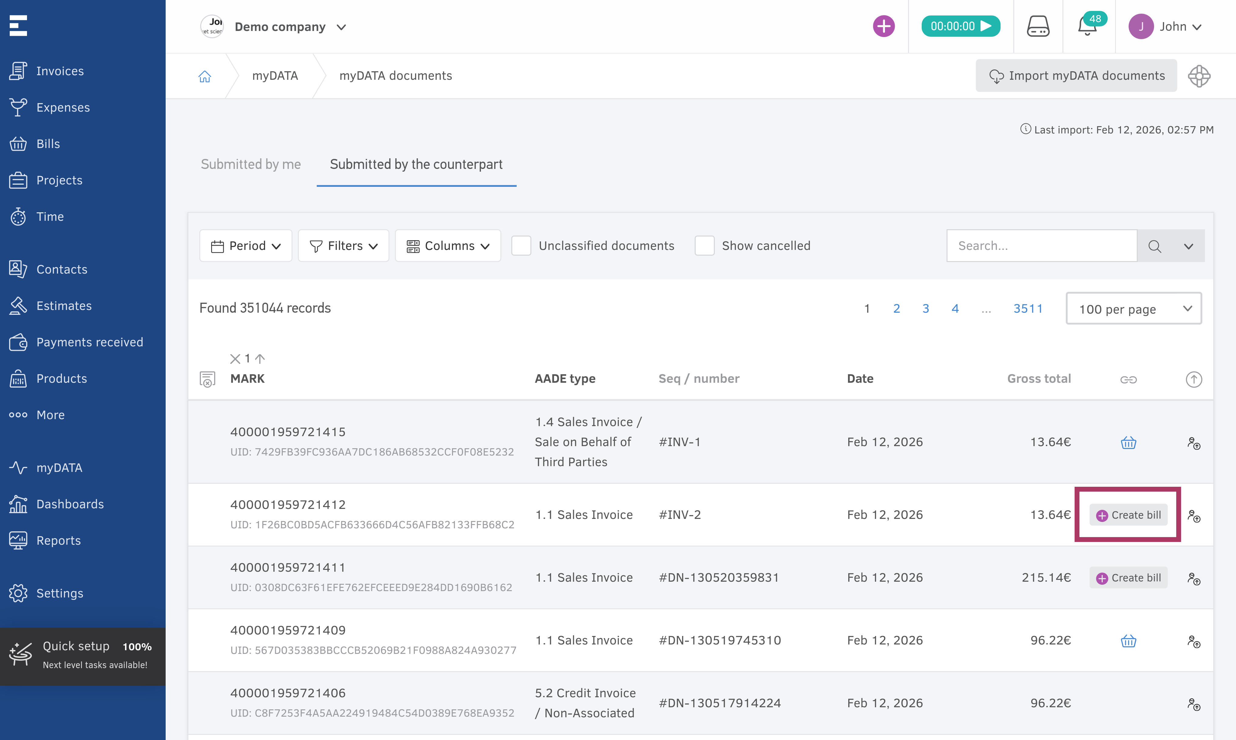 Create Bills instantly from imported myDATA documents