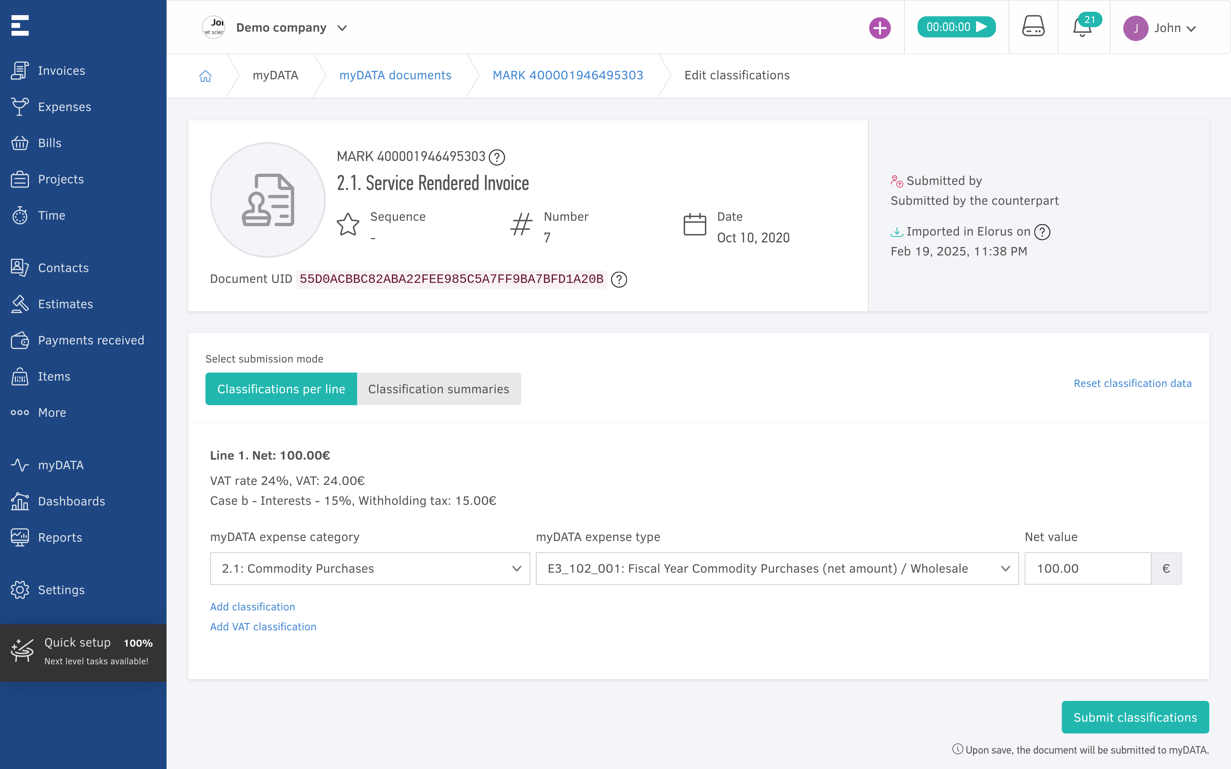 Submit expenses classifications to myDATA