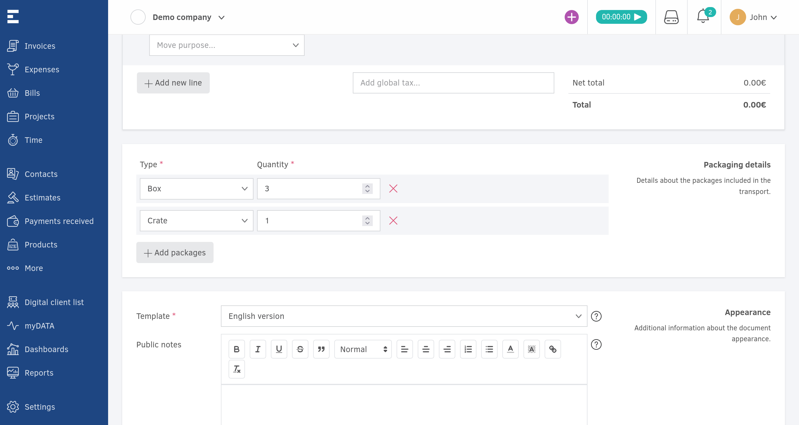 Packaging details for Delivery Notes