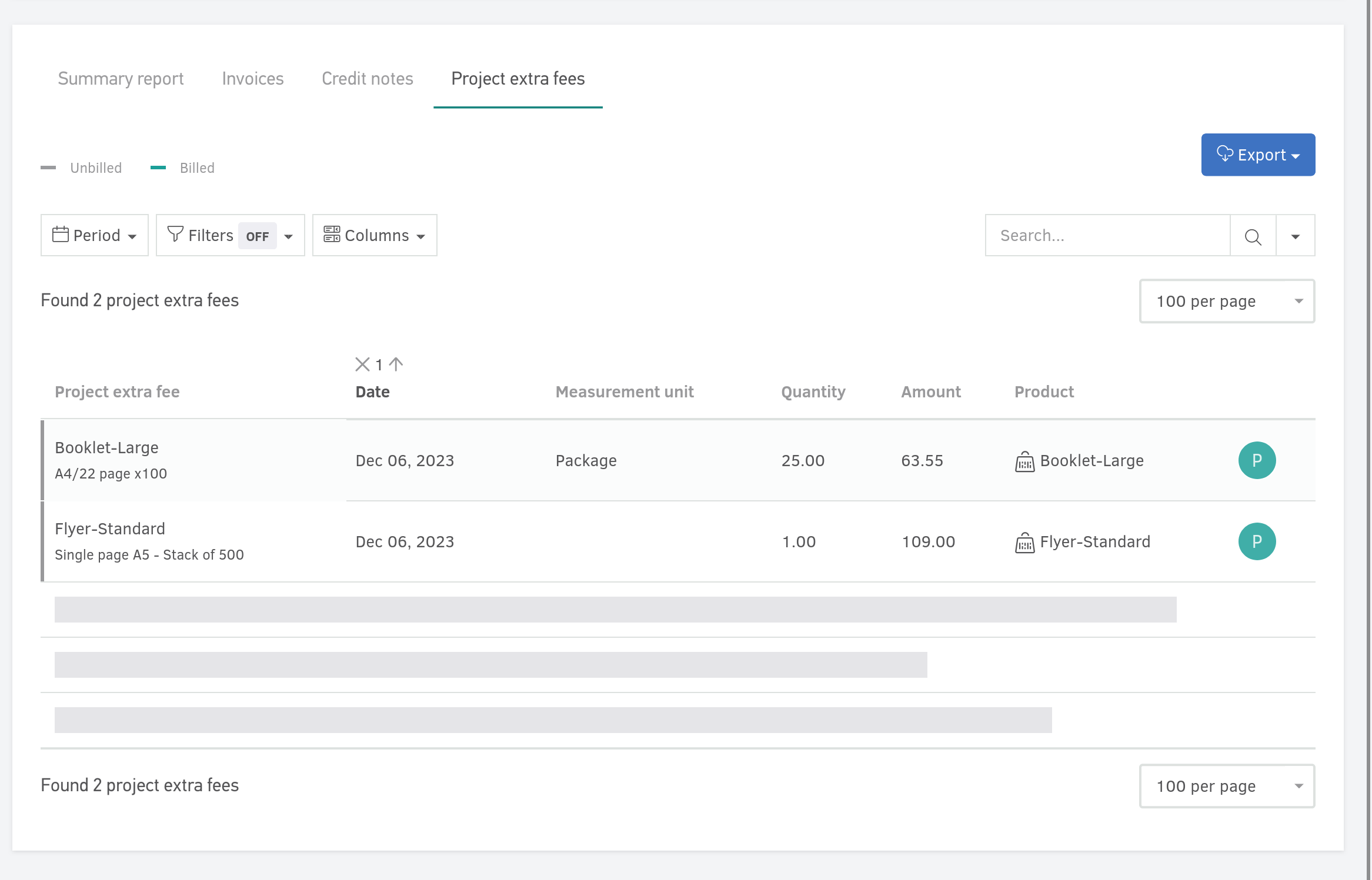 View project extra fees in the client portal