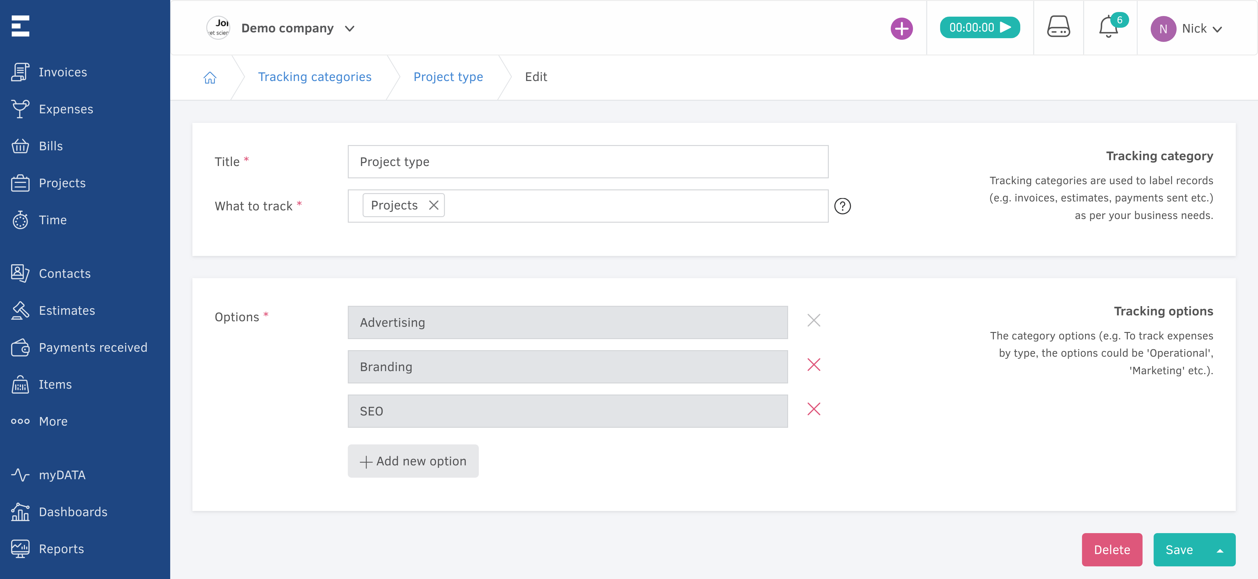 Tracking categories now available for projects