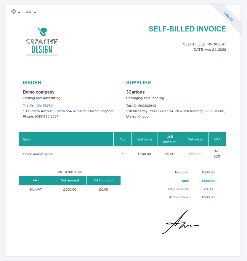 Self-billed invoice in Elorus