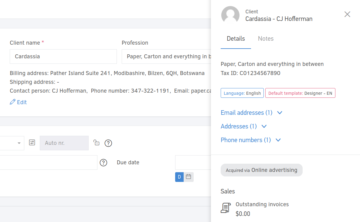 Access contact data directly from the invoice add/edit form